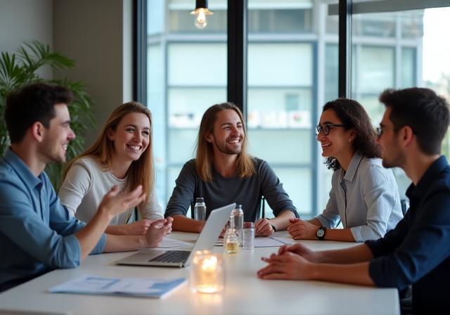 A equipe da Fluir Gestão em uma reunião de trabalho colaborativa e sorridente.