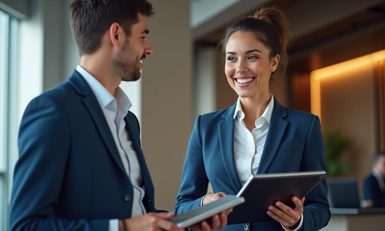 Gerente de hotel sorrindo enquanto usa um tablet com o software da Fluir Gestão, com o lobby do hotel ao fundo.