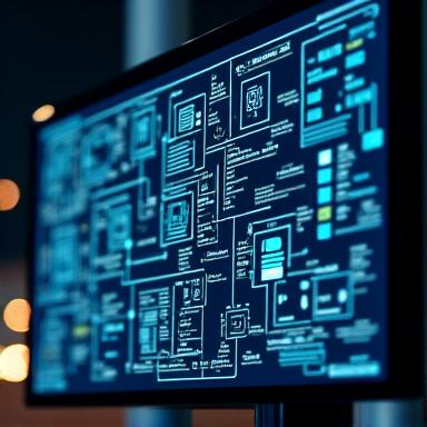 Tela de computador mostrando diagramas de fluxos de integração de sistemas.