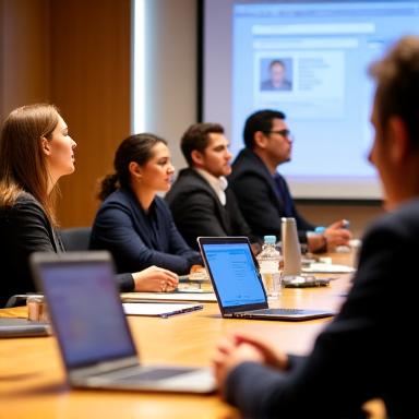 Equipe de hotelaria participando de um treinamento em uma sala de conferências.