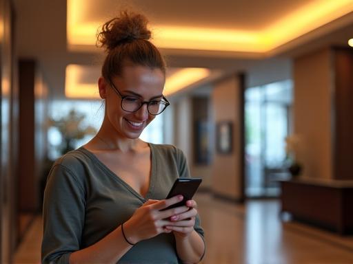 Hóspede feliz fazendo check-in online através do celular no lobby do hotel.